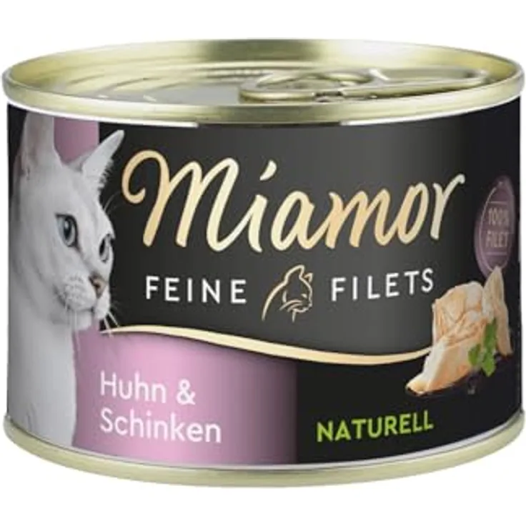 MIAMOR Feine Filets Naturelle, Nassfutter für Katzen mit Hühnerfilets & Schinken, fettarm und ohne künstliche Zusätze, 12x156g