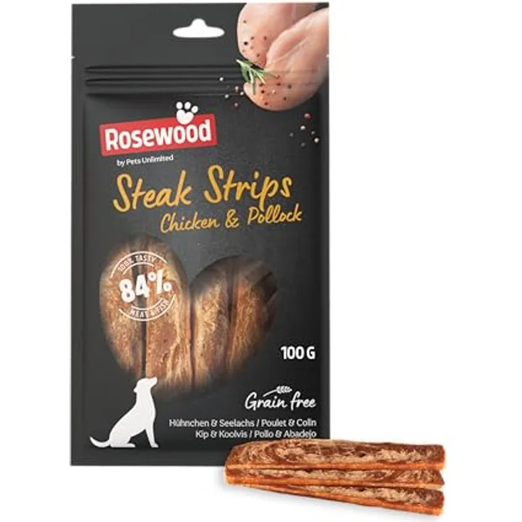 Rosewood Steak Strips Huhn & Seelachs – Weiche Hundesnacks, 63% Huhn, 21% Seelachs, fettarm, ohne Getreide, 100 g