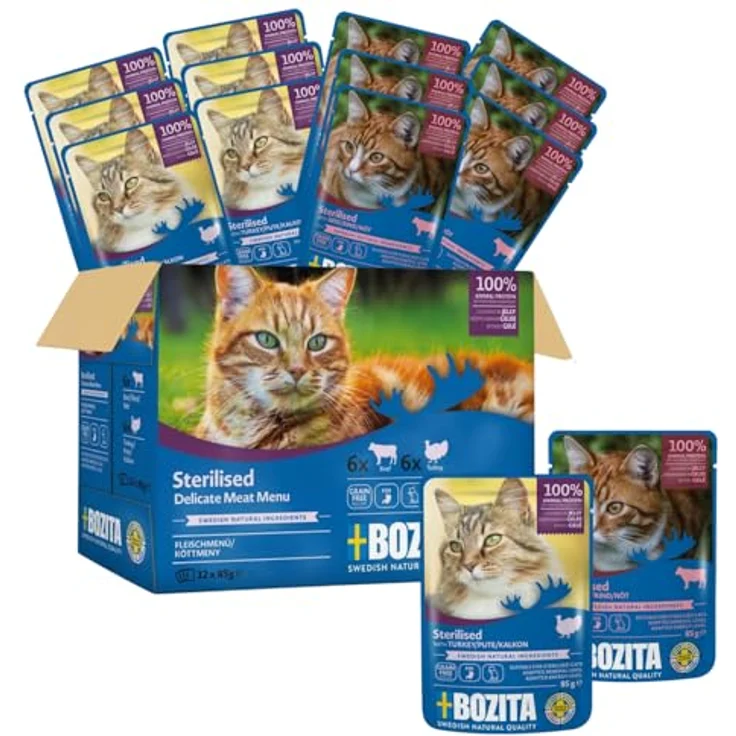Bozita Sterilised Nassfutter Häppchen in Gelee mit Pute - 12x85g getreidefreies & weizenfreies Katzenfutter mit 8,5% Protein & 3,5% Fettgehalt – Bild 2