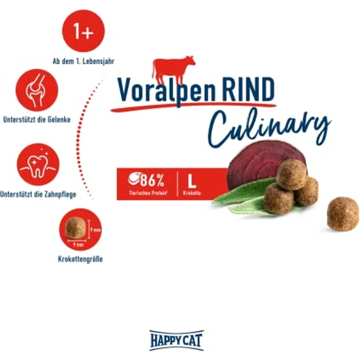 Happy Cat Culinary Adult Voralpen Rind, Katzen-Trockenfutter für ausgewachsene Katzen, 1,3 kg, mit 86% tierischen Proteinen, ohne künstliche Farb- und Konservierungsstoffe, hergestellt in Deutschland – Bild 2