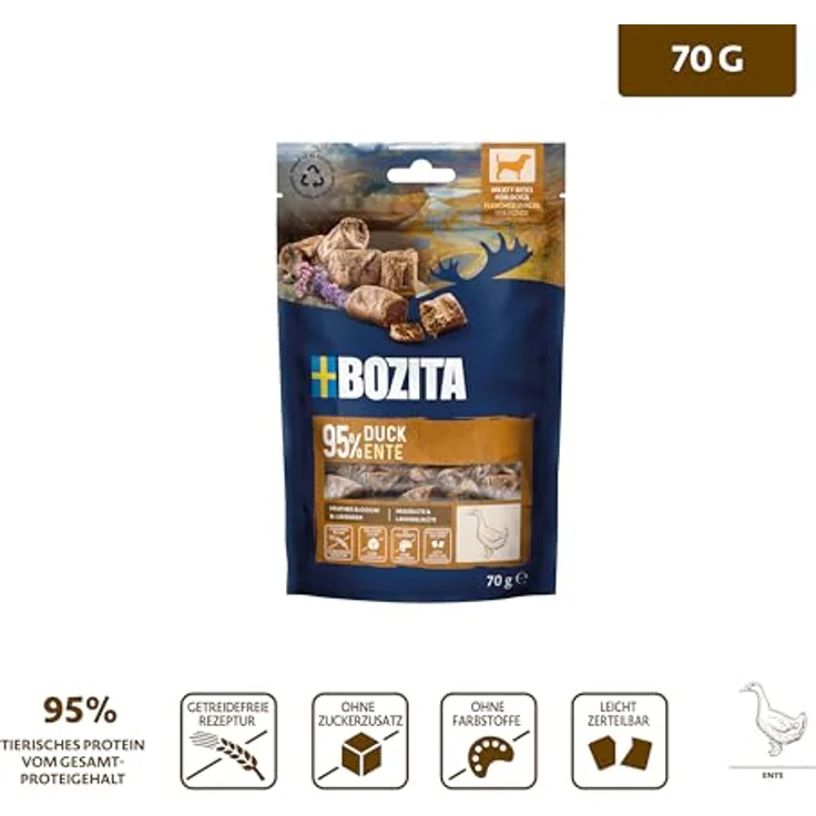 Bozita Meaty Bites Ente, Hundesnack mit 95% Fleischanteil, getreidefrei, 70 g – Bild 5