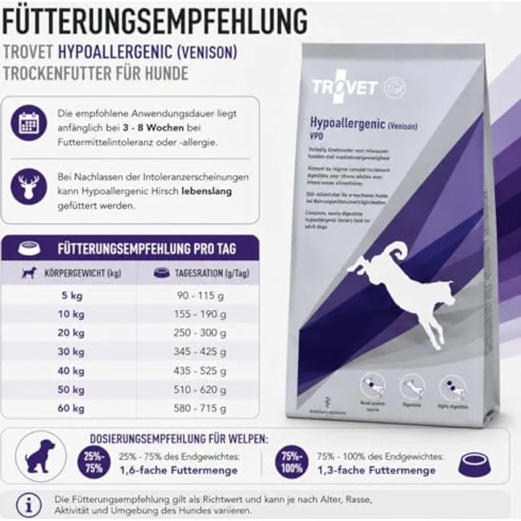 Trovet Hirsch-Kartoffel Hypoallergenic VPD, getreidefreies Diätalleinfutter für Hunde mit Futtermittelunverträglichkeiten, 3 kg, mit Omega-3/-6 Fettsäuren – Bild 5