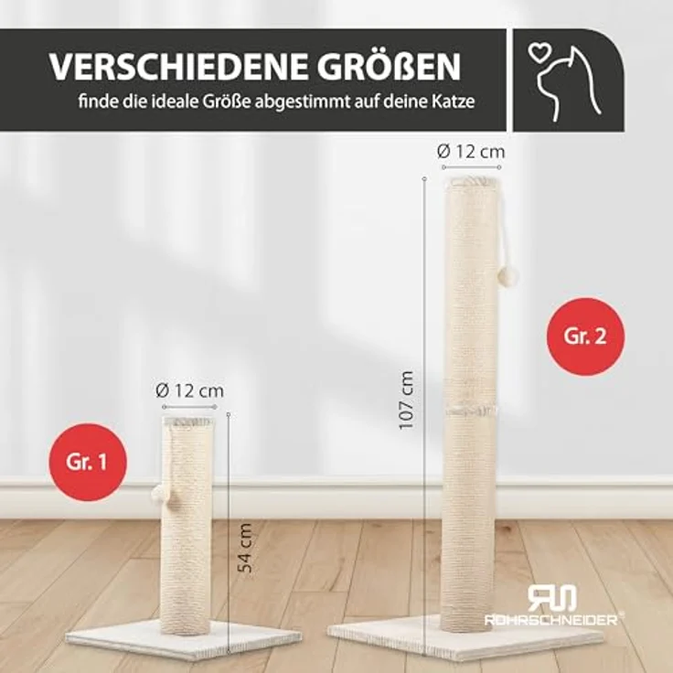 Rohrschneider ® Kratzbaum XL, extra dicke Kratzsäule Ø 12 cm mit Spielzeug, Bodenplatte mit Cordbezug beige, 40x40 cm, 54 cm hoch – Bild 6