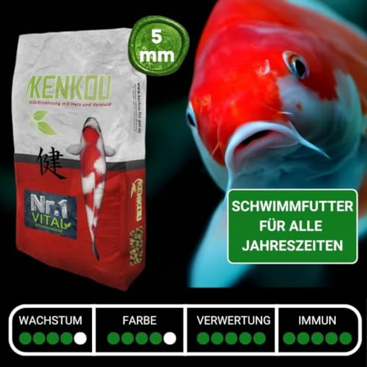 KENKOU Nr. 1 Vital, 5 kg schwimmendes Koifutter für Teichfische, 5 mm Pellets, Ganzjahresfutter mit 30% Fischmehl und Spirulina – Bild 3