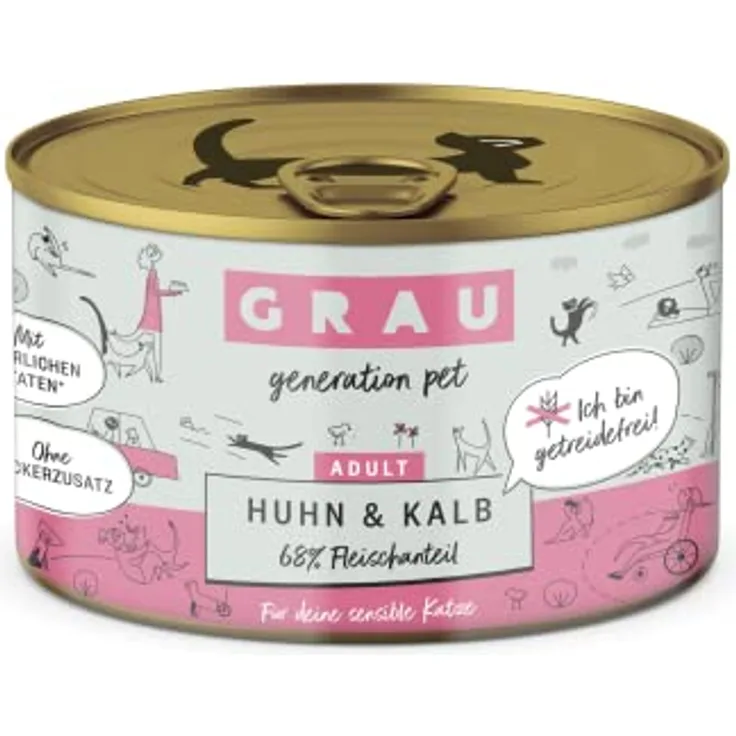 GRAU Nassfutter für Katzen - Huhn & Kalb, 6er Pack (6 x 200 g), getreidefrei, für Erwachsene Katzen, gut bekömmlich