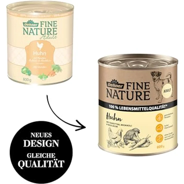 Dehner Fine Nature Hundefutter, Nassfutter in Lebensmittelqualität für ausgewachsene Hunde, Huhn mit Karotten und Brokkoli, 6 x 800 g Dose (4.8 kg) – Bild 4