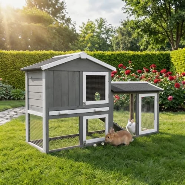 Miweba MyAnimal Hasenstall MH-03, Kleintierkäfig aus imprägniertem Holz mit Freilaufgehege, wetterfest, grau/weiß – Bild 1