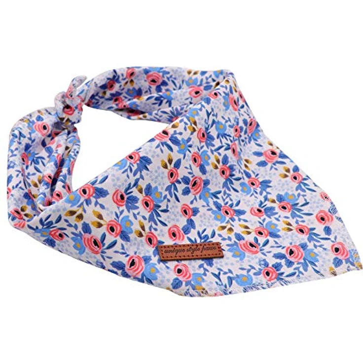 Unique style paws Hundeschal, Waschbare Baumwoll-Halsdreiecke für Kleine, Mittel und Große Hunde sowie Katzen, in Blau mit Blumenmuster – Bild 2