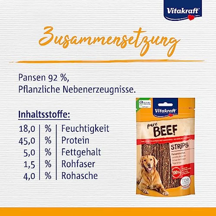 Vitakraft Pure Beef Strips, Hundeleckerli aus 100% Rind-Pansen, ohne Zuckerzusatz, 80g wieder verschließbarer Beutel – Bild 4