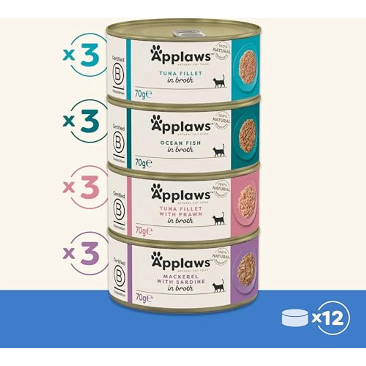 Applaws 100% natürliches Premium-Nassfutter für Katzen, Fisch-Multipack mit Thunfisch, Garnelen, Meeresfisch und Makrele, 12 x 70g Dosen – Bild 2
