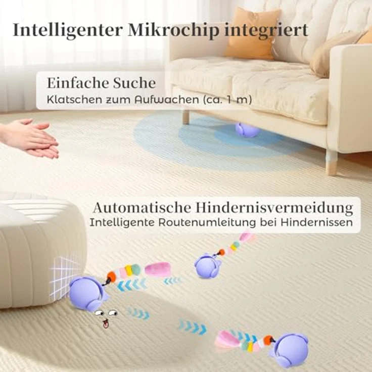 GoldenSun Automatischer Katzenspielzeugball mit Federschwanz, Bewegungsaktiviert, Zwitschernd, Wiederaufladbar über USB, Lila – Bild 3