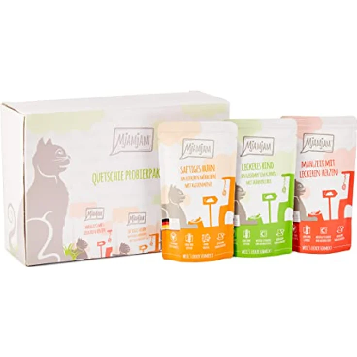 MjAMjAM Premium Nassfutter für Katzen - Mixpaket I - Huhn, Rind, Herzen, 12er Pack (12 x 125 g), getreidefrei, 72,5% Fleischanteil – Bild 1