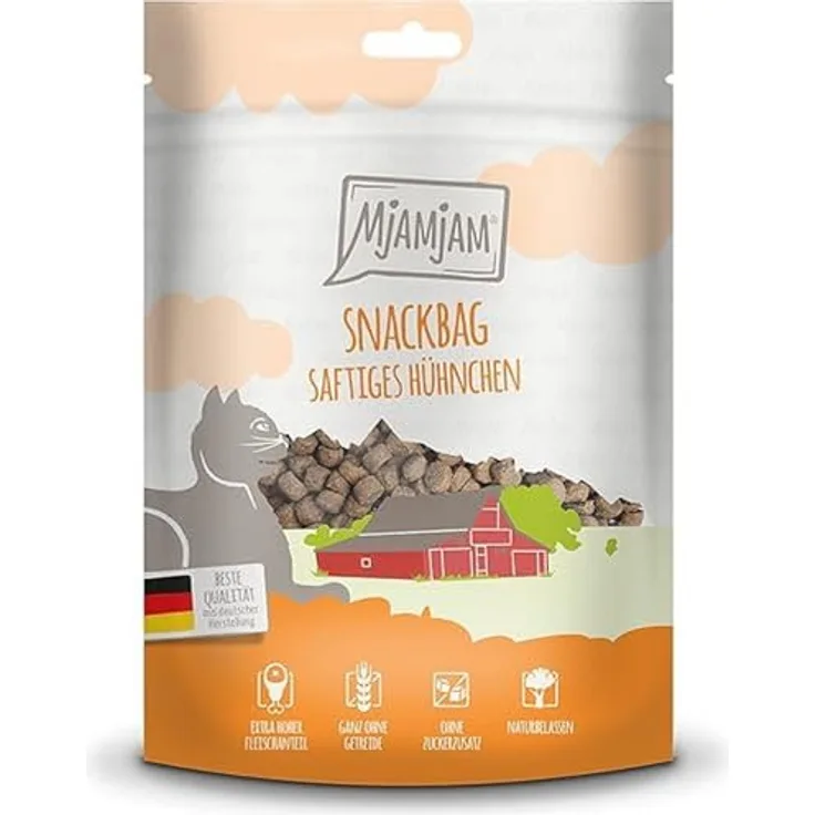 MjAMjAM Premium Katzensnack, Snackbag mit saftigem Hühnchen, 125 g, naturbelassen ohne synthetische Konservierungsstoffe