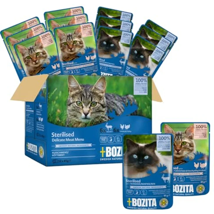 Bozita Sterilised Nassfutter Häppchen in Sauce mit Pute - 12x85g getreidefreies & weizenfreies Katzenfutter mit 8,5% Protein & 3,5% Fettgehalt – Bild 2