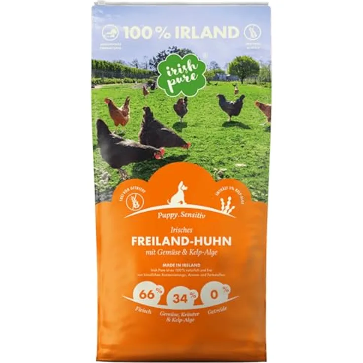 Irish Pure Puppy Trockenfutter, 12kg Welpenfutter mit Freiland-Huhn, Kelp-Alge & Gemüse, hoher Fleischanteil, getreidefrei, sensitiv, für alle Rassen
