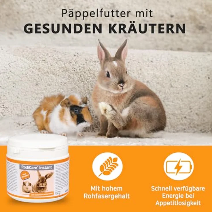 Alfavet RodiCare instant Päppelfutter für geschwächte Zwergkaninchen, Meerschweinchen und Kleinnager, Alleinfuttermittel mit gesunden Kräutern, 170 g mit Dosierlöffel – Bild 2