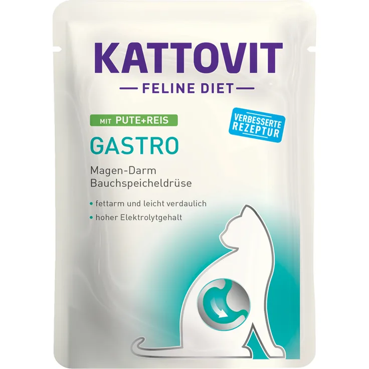 Kattovit Feline Gastro Pouch, Diät-Nassfutter für Katzen, 24 x 85 g, Pute & Reis, leicht verdaulich, hohes Elektrolytangebot
