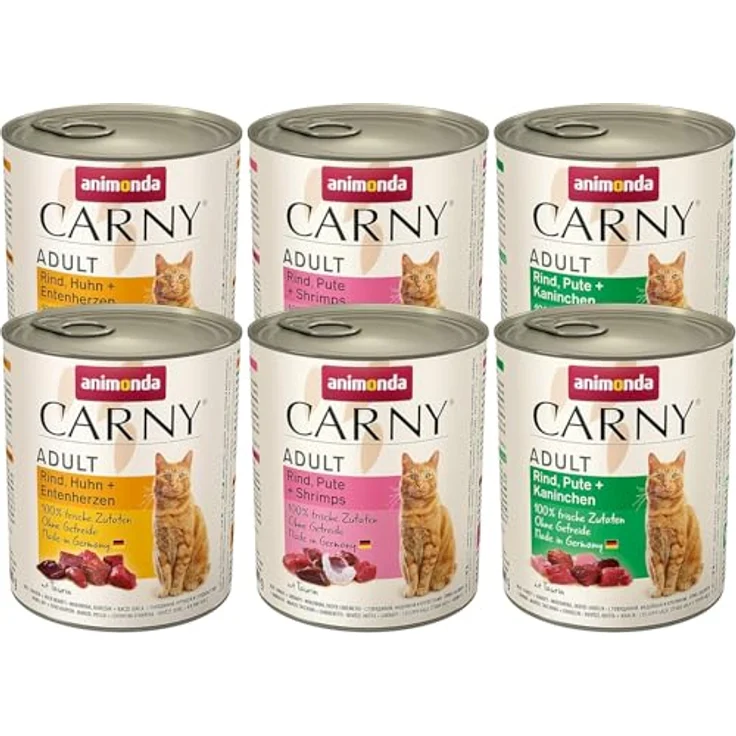 animonda Carny Adult Kräftige Variation, Katzennassfutter für ausgewachsene Katzen, 100 % frische, fleischliche Zutaten, ohne Getreide und Zucker, 6 x 800 g – Bild 1