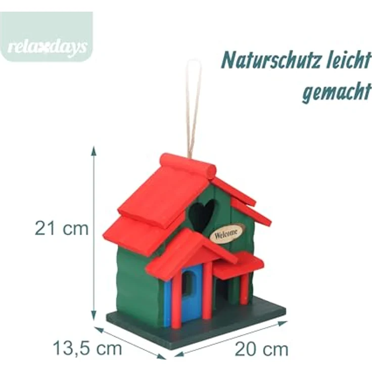 Relaxdays Deko Vogelhaus, Landhausstil, Holz, HBT 21 x 20 x 13,5 cm, mehrfarbige Vogelvilla zum Aufhängen für Garten – Bild 4