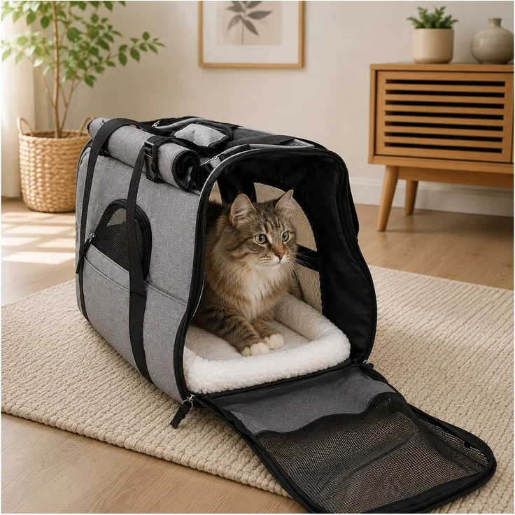 belviona Tiertransporttasche für Katzen, grau, mit herausnehmbarem Liegekissen, Reflektoren und atmungsaktivem Mesh bis 10 kg