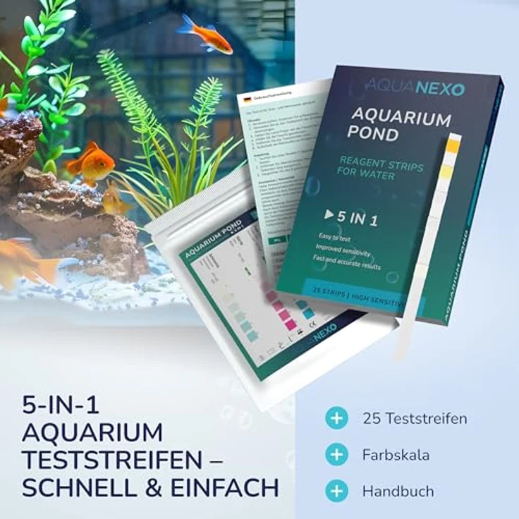 AQUANEXO 5in1 Wasserteststreifen für Aquarien, pH, Karbonat, Chlor, Ammonium, 25 Stück – Bild 2