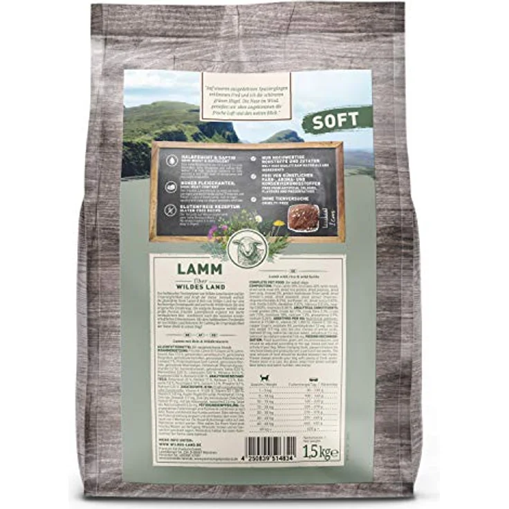WILDES LAND Halbfeuchtes Trockenfutter für Hunde, Lamm mit Reis und Wildkräutern, glutenfrei, 1,5 kg, extra viel Fleisch, für alle Hunderassen – Bild 2