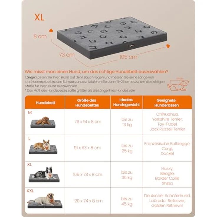Feandrea Hundebett PGW243G01, waschbares Hundekissen, abnehmbar, wasserdicht, 105 x 73 x 8 cm, Größe XL, Taubengrau, für mittelgroße und große Hunde – Bild 4