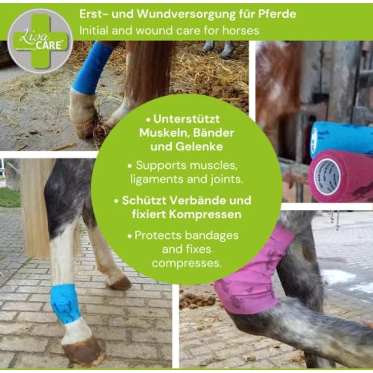 LisaCare Haftbandage selbstklebend, 3er Set elastische Pferdebandage, 10cm x 4,5m, atmungsaktiv, schmutz- und wasserabweisend, zertifiziertes Medizinprodukt – Bild 4