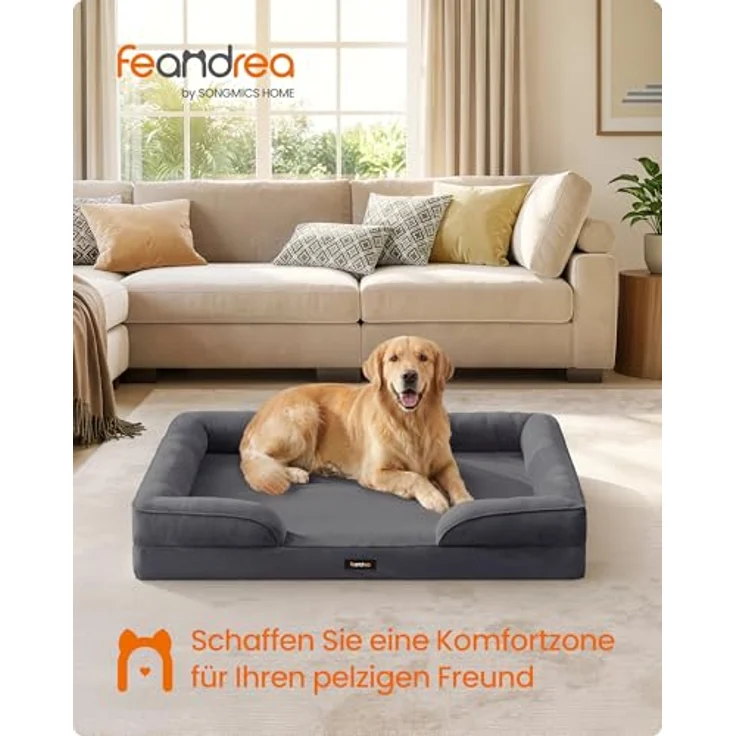 Feandrea Orthopädisches Hundebett XXL, erhöhter U-förmiger Rand aus Noppenschaumstoff, abnehmbarer und waschbarer Bezug, rutschfest, wasserabweisendes Innenfutter, schiefergrau, 112 x 81 x 17 cm PGW324GN01 – Bild 2