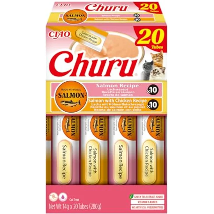 INABA Churu Salmon Katzenleckerlis, Cremiges Püree aus Lachs & Huhn, Ohne Getreide & Zucker, Variety Pack 20 × 14 g, Hoher Feuchtigkeitsgehalt – Bild 2