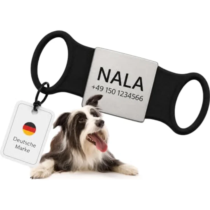 mypfote.com Hundemarke personalisiert für Halsband, Slider mit Gravur, Schwarz, Größe L, Edelstahl und Silikon für leises Tragen, lasergraviert in Deutschland – Bild 1