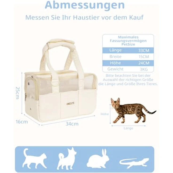 ONECUTE Klappbare Hundetasche für Kleine Hunde, Katzen & Kaninchen – Tragetasche mit Sicherheitsverschluss, Belüftungsmesh & 5 Seitentaschen, Beige durchlässig, 34x16x25 cm – Bild 2
