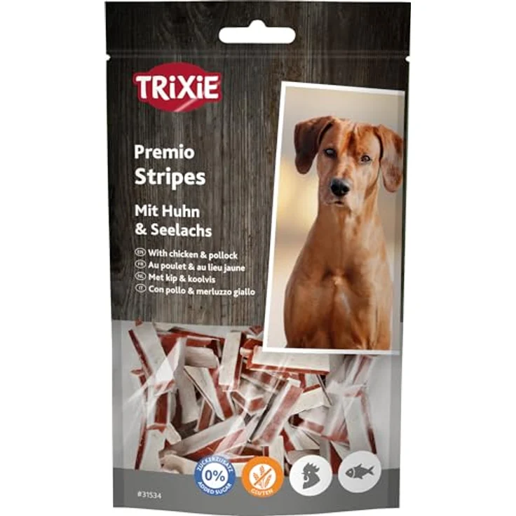 TRIXIE Premio Stripes mit Huhn & Seelachs, glutenfreier Hundesnack mit 65 % Fleisch- & 18 % Fischgehalt, 75g - ideale Belohnung für Training & Spaziergänge