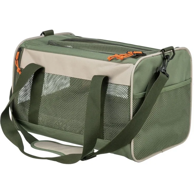 TRIXIE Tiertransporttasche Marlon, Haustier transportable Tasche für Hunde bis 7 kg, beige/olivgrün, mit Netzeinsätzen und waschbarem Fleece-Innenfutter, 27 × 27 × 43 cm