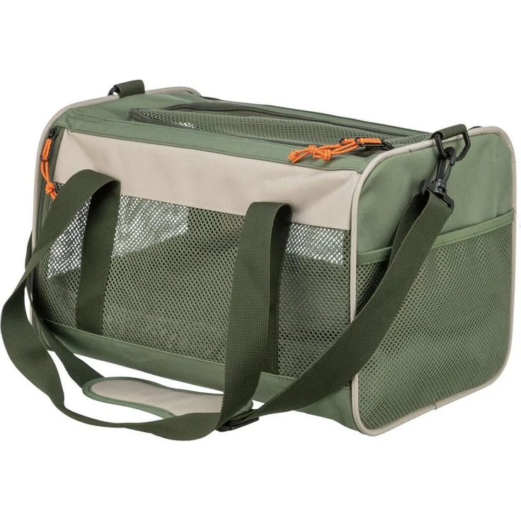 TRIXIE Tiertransporttasche Marlon, Haustier transportable Tasche für Hunde bis 7 kg, beige/olivgrün, mit Netzeinsätzen und waschbarem Fleece-Innenfutter, 27 × 27 × 43 cm