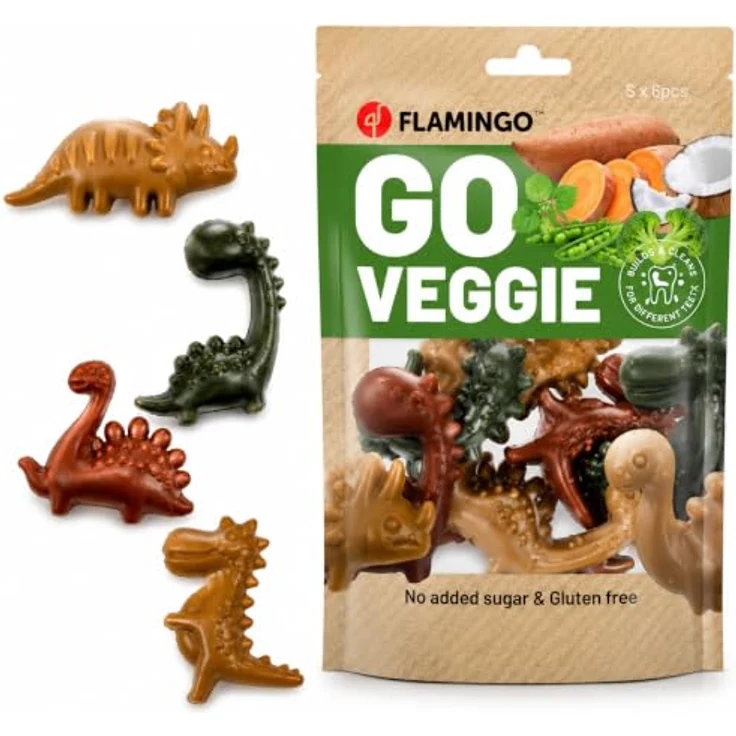 Flamingo Leckerli Hund Veggie Dino Mix Bunt, Größe S, 120g, glutenfrei, funktionale Kaubelohnung in Dinoformen – Bild 1