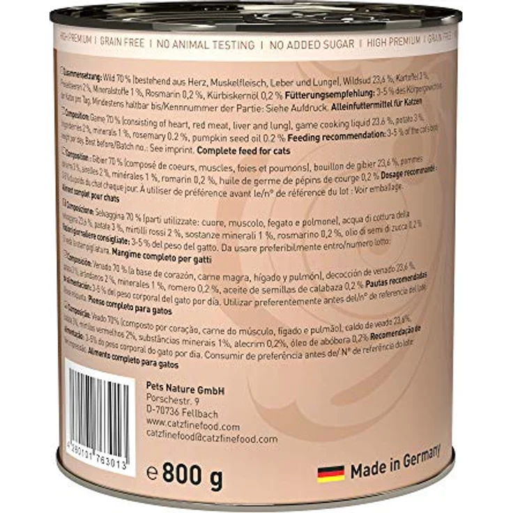 catz finefood N° 9 Wild Feinkost Katzenfutter nass, 70% Wild, verfeinert mit Kartoffel & Preiselbeere, 6 x 800g Dosen – Bild 2