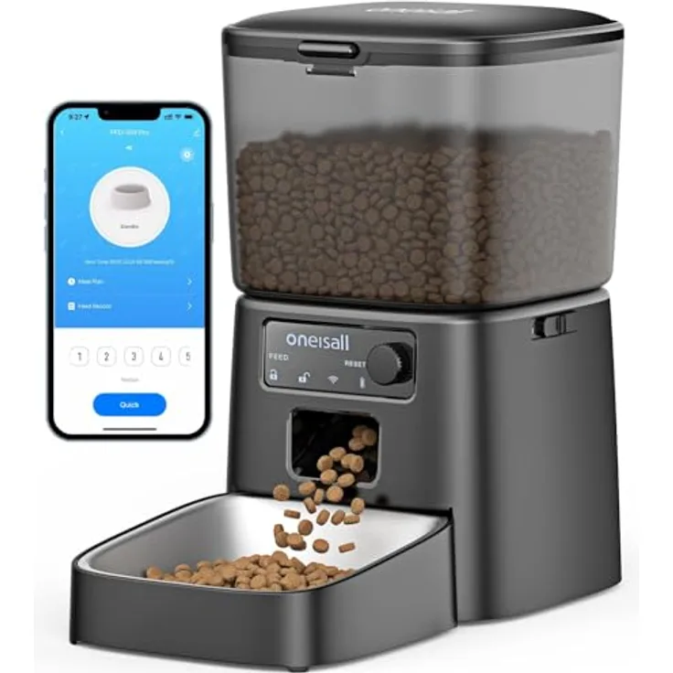 oneisall 3.5L Futterautomat Katze, WiFi Futterspender mit APP-Steuerung, 1-12 Mahlzeiten pro Tag, Edelstahlnapf, schwarz