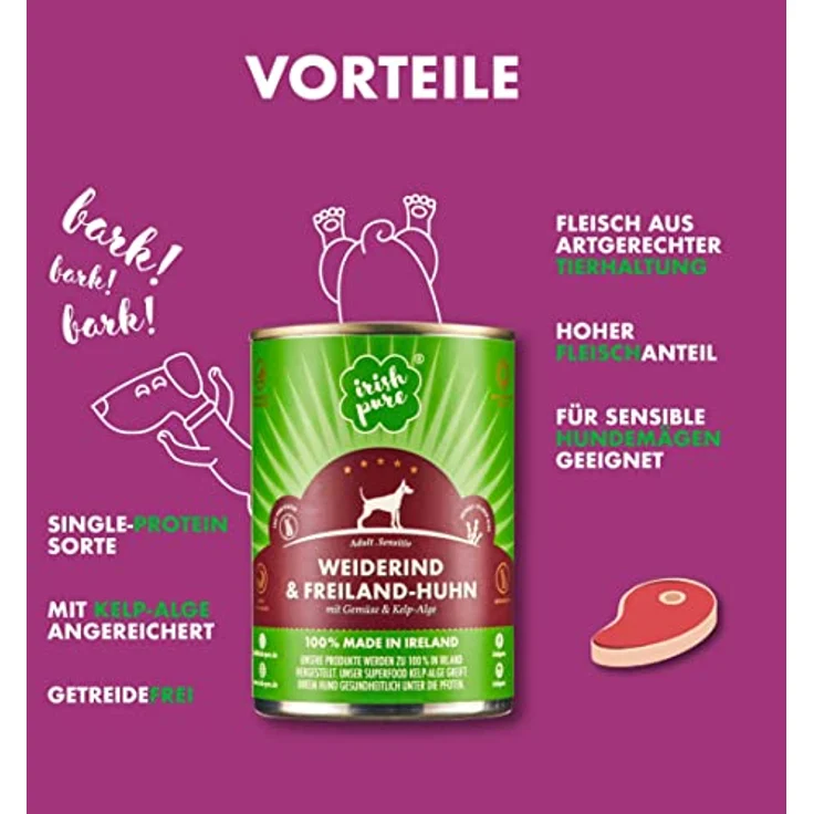 Irish Pure Premium Nassfutter für Hunde, Weiderind mit Superfood Kelp-Alge, getreidefrei, sensitiv, 6x 390g – Bild 3