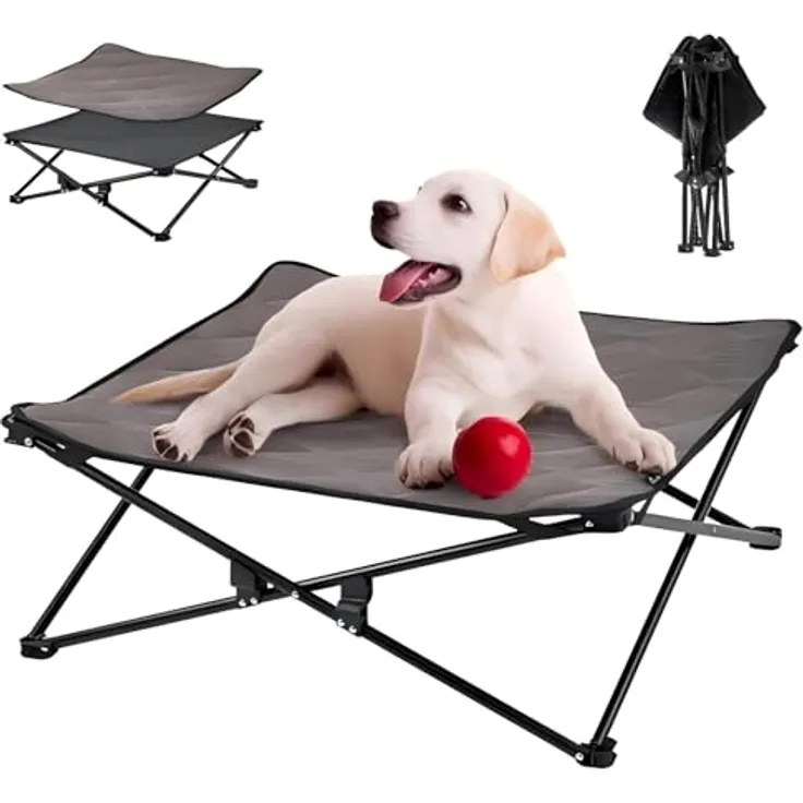KingCamp Erhöhtes Hundebett, Klappbare Hundeliege mit Atmungsaktivem Mesh & Wildledermatte, Rutschfeste Füße, Schwarz 77 x 77 x 30 cm