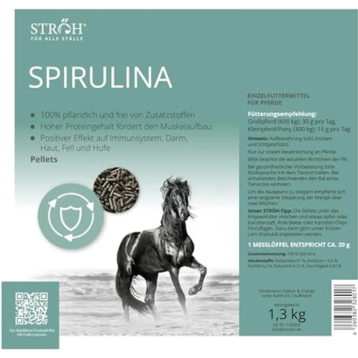 STRÖH Spirulina Pellets für Pferde, 1,3 kg, 100% pflanzliches Futter mit hohem Eiweißgehalt, unterstützt Muskelaufbau und Vitalität – Bild 2