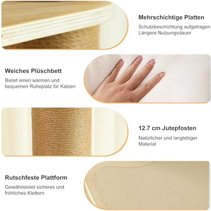 FUKUMARU Kratzbaum 6 Etagen, bis zur Decke reichender Katzenbaum (282-305cm), wandmontiert, aus Gummibaumholz, mit Katzenversteck-Zelt und Hängematte, beige – Bild 4