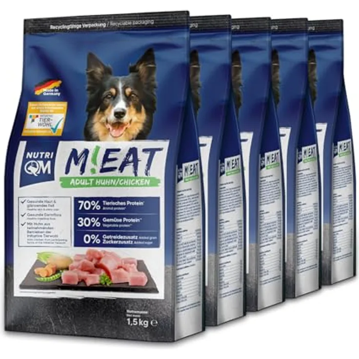 NutriQM® M!EAT Hundefutter Trocken Adult, 7,5 kg (5×1,5kg), getreidefreies Trockenfutter mit 70 % Fleischanteil Geflügel & Rind, ohne Zuckerzusatz, ITW Tierwohl-Siegel, Made in Germany