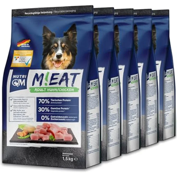 NutriQM® M!EAT Hundefutter Trocken Adult, 7,5 kg (5×1,5kg), getreidefreies Trockenfutter mit 70 % Fleischanteil Geflügel & Rind, ohne Zuckerzusatz, ITW Tierwohl-Siegel, Made in Germany – Bild 1