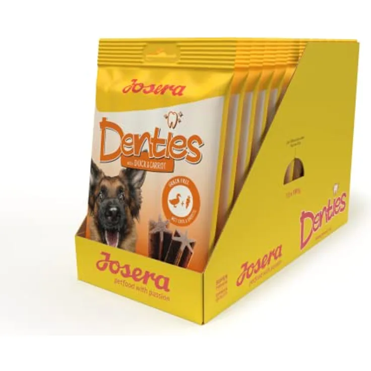 JOSERA Denties Duck & Carrot, Premium Kaustangen für ausgewachsene Hunde, zuckerfrei & getreidefrei, 13 x 7 Stück (91 Sticks) zur Zahnpflege mit Ente & Karotte