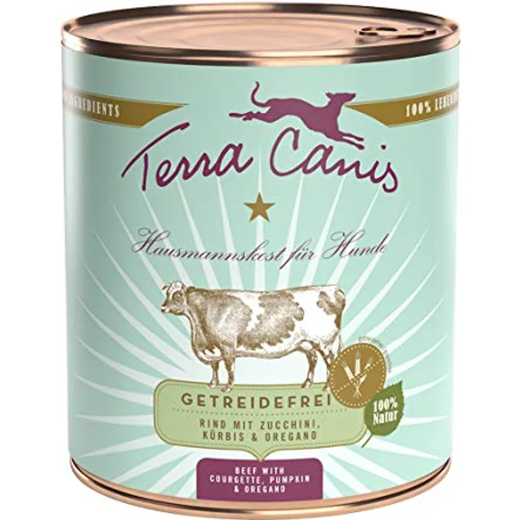 Terra Canis Getreidefrei 6 x 800 g - Rind mit Zucchini, Kürbis und Oregano, hochwertiges Nassfutter für Hunde, ohne Getreide, hergestellt in Bayern