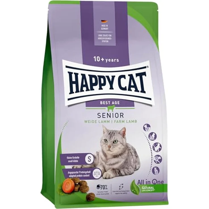 Happy Cat 70614 Senior Weide Lamm, Katzen-Trockenfutter für Katzensenioren ab 8 Jahren, 1,3 kg, leicht verdaulich mit Lamm, Karotte und Koriander, ohne künstliche Zusatzstoffe, made in Germany – Bild 1