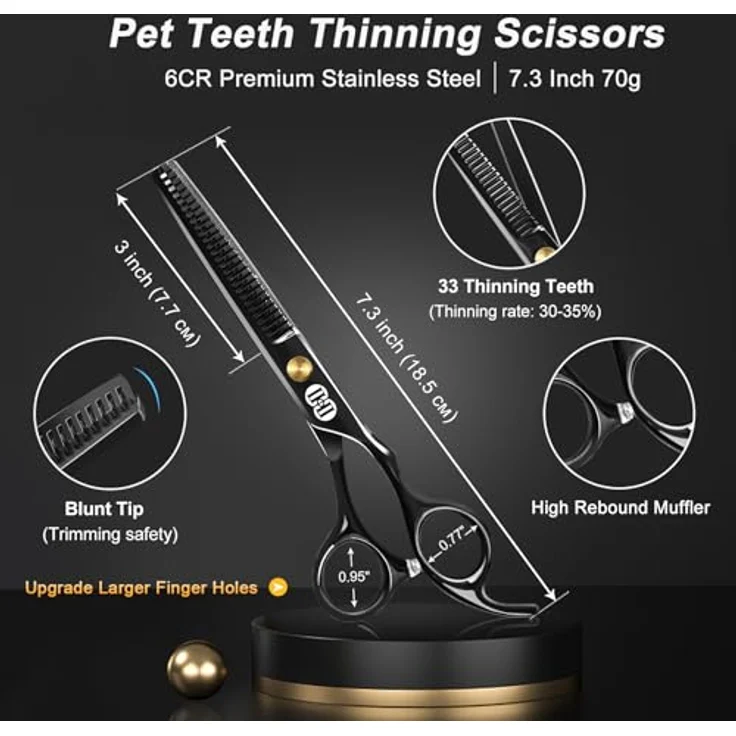 CIICII 7 Zoll Profi Hundescheren Set, mit Runde Sicherheitsspitze, gebogener & gerader Haarschere für Fellpflege von Hund und Katze, schwarz – Bild 4