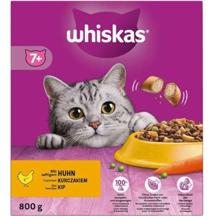 Whiskas 7+ Katzentrockenfutter Huhn, 800 g, für Senior Katzen, ausgewogene Ernährung mit Vitaminen und Mineralstoffen, unterstützt gesunde Haut, Fell und Herzgesundheit