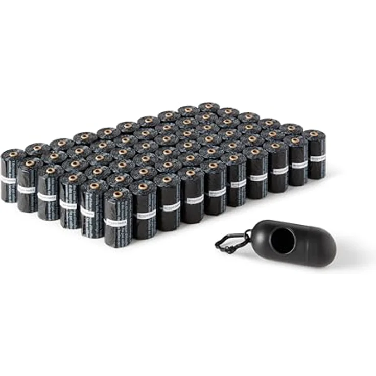 Amazon Basics Hundekotbeutel, 900 zuverlässige Beutel mit Spender und Leinenclip, unparfümiert, schwarz – Bild 1